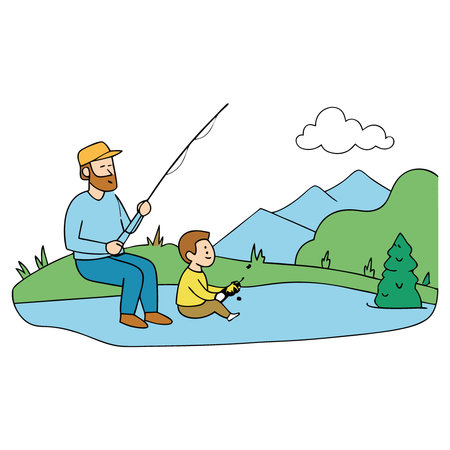 Peaceful Family Fishing Trip Dad and Son Relaxing by Serene River with Folding Chairs. Enjoying Nature's Tranquility. AI generated. Vector iconのイラスト素材