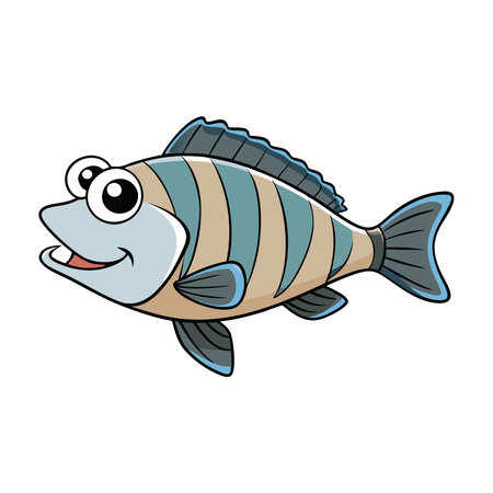 Side-View Of A Whole Sheepshead Fish Swimming To The Right With Its Mouth Slightly Open And Eyes Looking To The Camera. AI generated. Vector iconのイラスト素材