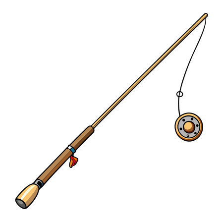 A sleek fishing rod with a spinning reel. featuring a wooden handle and a clear fishing line against a white backdrop.. AI generated. Vector iconのイラスト素材