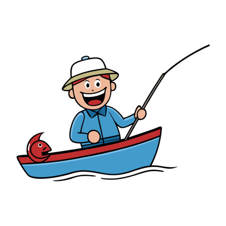 A cheerful fisherman in a boat. showcasing a fun and vibrant fishing adventure. Perfect for illustrations and outdoor themes.. AI generated. Vector iconのイラスト素材