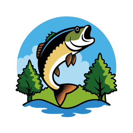 A large bass fish leaps out of the clear water. creating splashes against a backdrop of verdant trees and a bright blue sky.. AI generated. Vector iconのイラスト素材