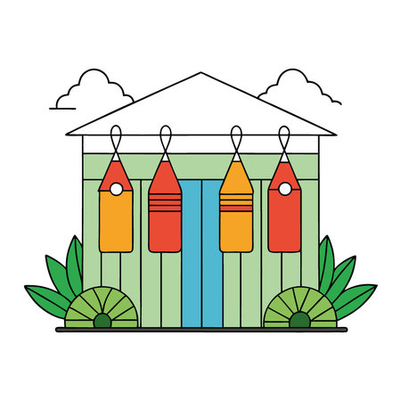 A Colorful Display of Lifeguard Life Preservers Hanging on a Metal Shed Surrounded by Lush Greenery and a Tranquil Outdoor Setting. AI generated. Vector iconのイラスト素材
