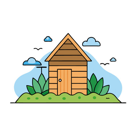 A small wooden fishing hut in a summer landscape near waves on the shore. surrounded by grass and bushes. Cartoon summer modern landscape.. AI generated. Vector iconのイラスト素材