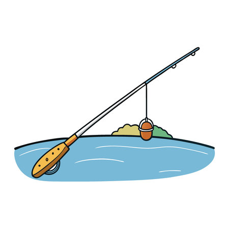 A close-up of a fishing rod over a calm lake. The photo is perfect for representing the peaceful and relaxing atmosphere of a fishing trip.. AI generated. Vector iconのイラスト素材