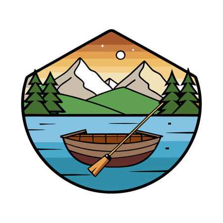 A wooden boat drifts gently on a calm lake as two fishing rods are poised for a catch. framed by majestic mountains and lush forests at dawn. AI generated. Vector iconのイラスト素材