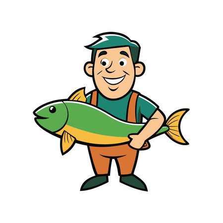 Man holding large fish. smiling proudly. Water in background indicates successful fishing trip.Expressions of achievement and joy evident.. AI generated. Vector iconのイラスト素材