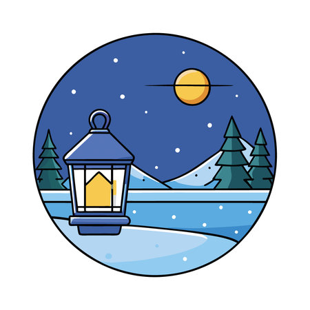 A serene winter night scene featuring a glowing lantern by a calm lake. perfect for showcasing fishing trips or outdoor adventures in a tranquil setting.. AI generated. Vector iconのイラスト素材