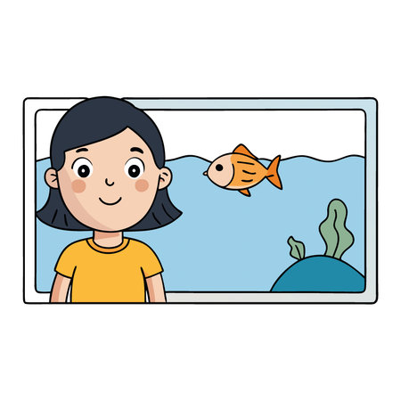Close-up of a beautiful cute little girl watching the fish in the aquarium. Sightseeing. Travel. Entertainment and fun family weekend concepts.. AI generated. Vector iconのイラスト素材