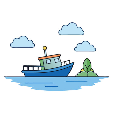 A serene scene featuring a blue fishing boat resting beside a small island under a tranquil sky. perfect for nature and travel themes.. AI generated. Vector iconのイラスト素材