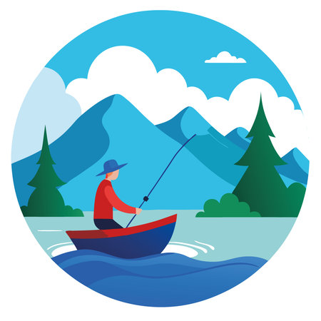 Person fishing from a boat in the middle of a lake. illustration art. AI generated. Vector iconのイラスト素材