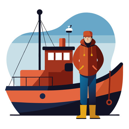 Rusty fishing boat docked. fisherman in orange jacket. dark background. AI generated. Vector iconのイラスト素材