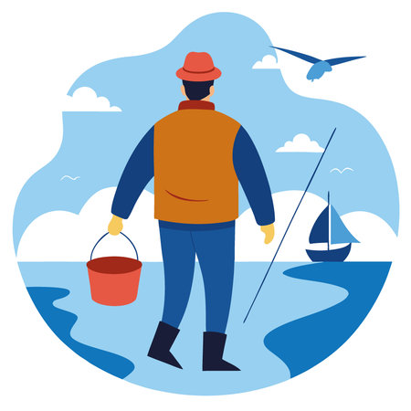 Back view of a fisherman returning home after a successful fishing trip. AI generated. Vector iconのイラスト素材
