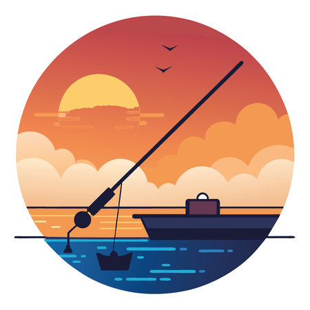 A fishing rod resting on a boat. with a serene sunset over calm waters.. AI generated. Vector iconのイラスト素材