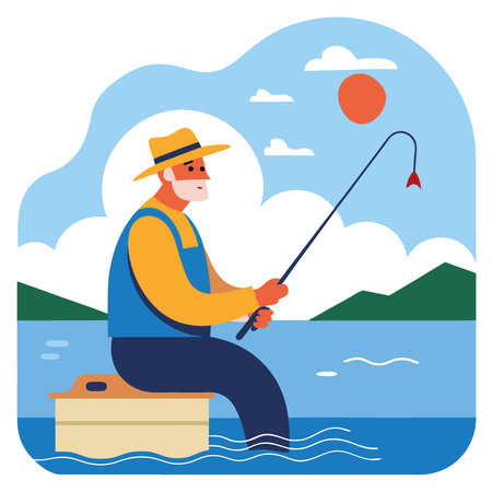 Mature man enjoying a peaceful fishing experience at sea on a sunny day. AI generated. Vector iconのイラスト素材