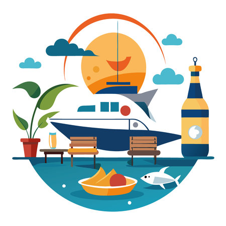 A private chartered fishing trip with luxury amenities and gourmet meals. AI generated. Vector iconのイラスト素材