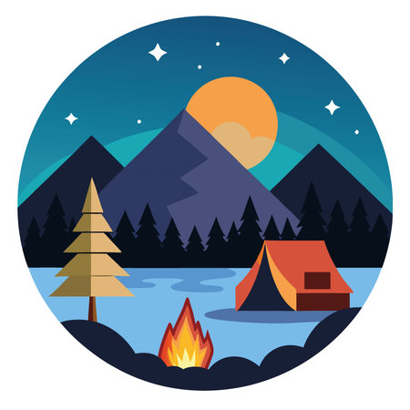 Camping scene with tent. bonfire. and lake at dusk. surrounded by trees.. AI generated. Vector iconのイラスト素材