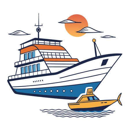 Sea cruise hand drawing. Mega boat sketch. Fishing ship modern sketch.. AI generated. Vector iconのイラスト素材