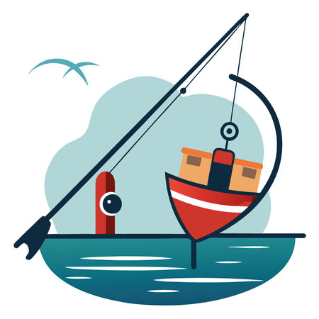 A fishing rod and reel positioned on a boat. with water in the background.. AI generated. Vector iconのイラスト素材