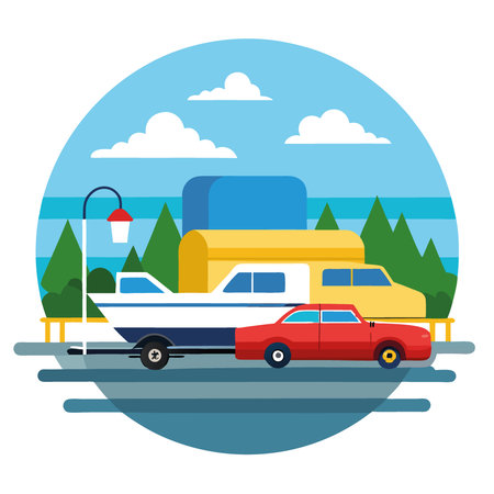 Boats on a Trailer in a Parking Lot for Outdoor Recreation and Transportation. AI generated. Vector iconのイラスト素材