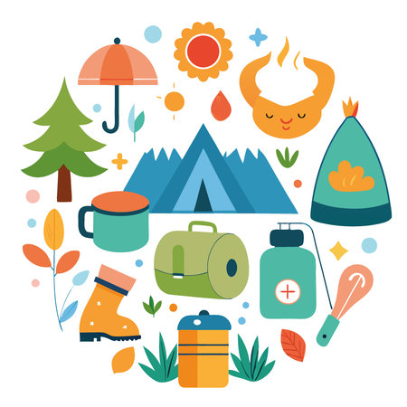 Whimsical watercolor cute Camping gear and nature elements for adventure. AI generated. Vector iconのイラスト素材