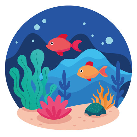 Underwater world. small fishes and corals. cartoon style. banner design. . AI generated. Vector iconのイラスト素材