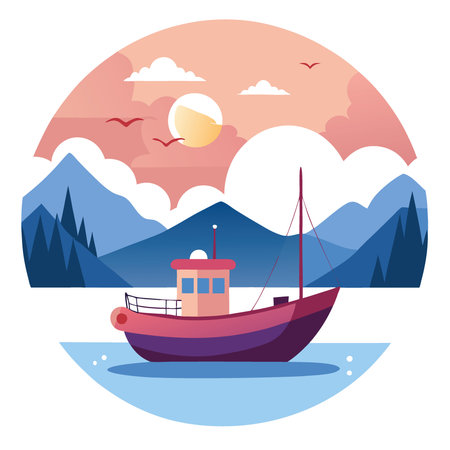 Small fishing vessel on a tranquil lake illuminated by the morning light. AI generated. Vector iconのイラスト素材