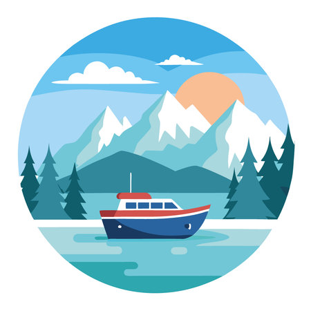 A remote fishing boat on a calm lake. surrounded by mountains and pine trees. AI generated. Vector iconのイラスト素材