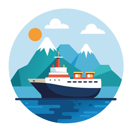 A large ship is sailing through the ocean with a mountain in the background. AI generated. Vector iconのイラスト素材