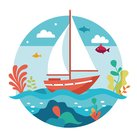 Sailing boat above and sea life fishes with coral beneath underwater in sea.. AI generated. Vector iconのイラスト素材