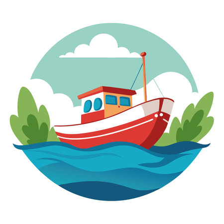 The fishing boat sailing along the river looks simple against the background. AI generated. Vector iconのイラスト素材