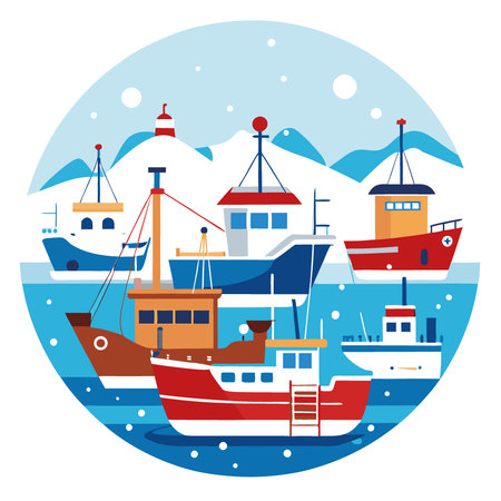 Many fishing boats in harbor with snow falling. use for travel promotion.. AI generated. Vector iconのイラスト素材