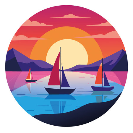 Sailing boats on calm water at sunset. vibrant colors and serene atmosphere.. AI generated. Vector iconのイラスト素材