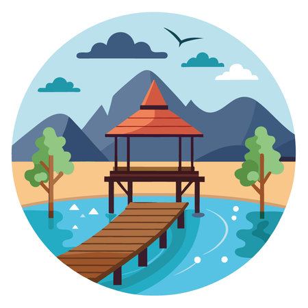 A rustic wooden Thai fishing pier overlooking a calm lake filled with fish. AI generated. Vector iconのイラスト素材