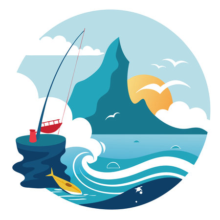 Serene Fishing Scene by the Ocean. Waves Gently Crashing Against the Shore. AI generated. Vector iconのイラスト素材