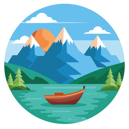 Boat adventure on tranquil lake stunning mountains nature photography. AI generated. Vector iconのイラスト素材