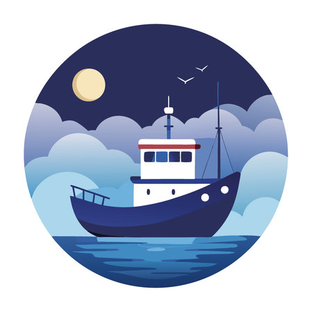 A Fishing Boat on The Calm Ocean Water Through Foggy Night Background. AI generated. Vector iconのイラスト素材