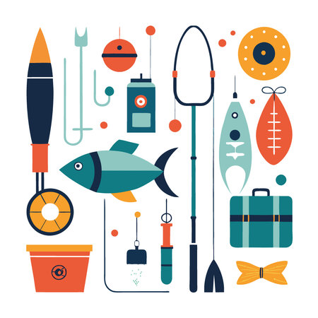 Fishing Gear Illustration. Rods. Reels. Tackle Boxes. Lures. and Fish. AI generated. Vector iconのイラスト素材