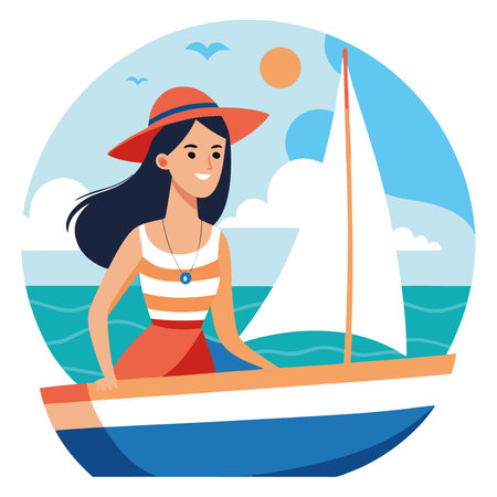Young woman enjoying sailing on yacht on summer vacation illustration. AI generated. Vector iconのイラスト素材