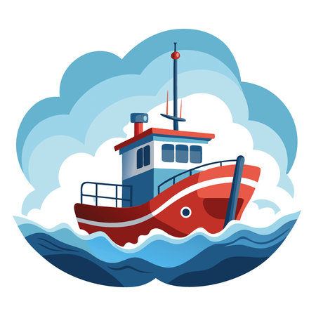 A rugged fishing boat navigates turbulent waters under an overcast sky.. AI generated. Vector iconのイラスト素材