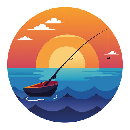 Fishing rod in boat at sunset over calm ocean waters. creating serene atmosphere. AI generated. Vector iconのイラスト素材