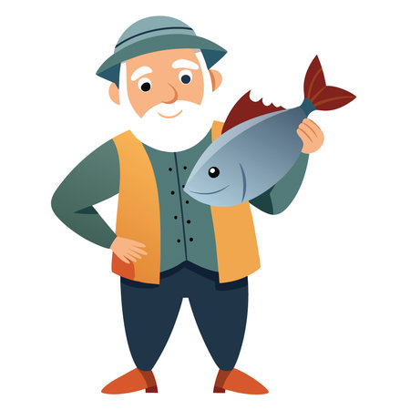 Elderly man in fishing vest holding large fish isolated on transparent background. AI generated. Vector iconのイラスト素材