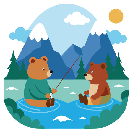 A heartwarming scene of two bears enjoying a fishing trip in a serene landscape.. AI generated. Vector iconのイラスト素材