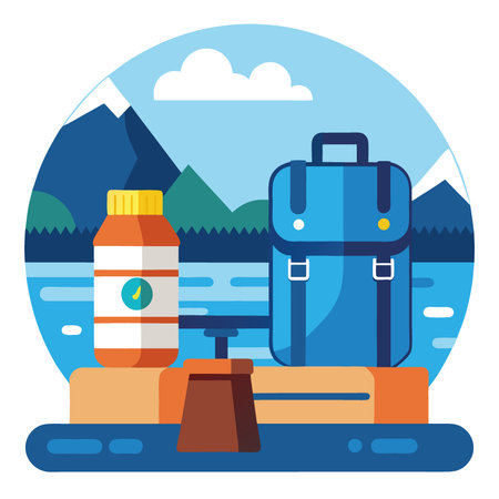 Hydration and adventure await. water bottle backpack on dock ready for exploration. AI generated. Vector iconのイラスト素材