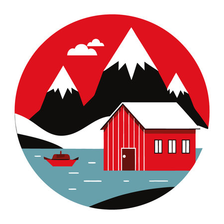 Landscape with stockfish and red house with mountains behind. Lofoten. Norway. . AI generated. Vector iconのイラスト素材