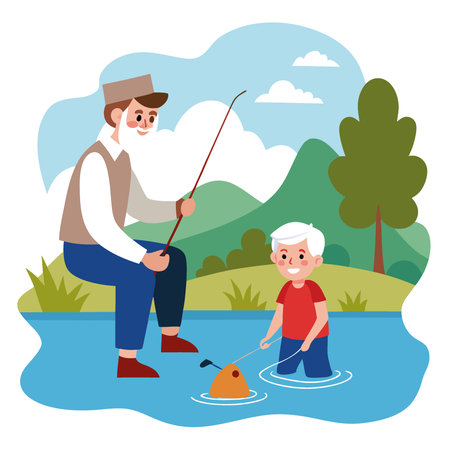 Family Ties and Fun Memories. Grandfather and Grandson Fishing by a Peaceful River. AI generated. Vector iconのイラスト素材