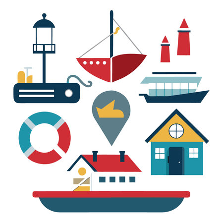 Sailboat yacht steamer and fishing boats on water harbor vector isolated sign set. AI generated. Vector iconのイラスト素材