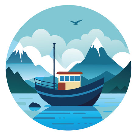 Serene Fishing Boat in Restricted Marine Area with Misty Mountains and Calm Waters. AI generated. Vector iconのイラスト素材