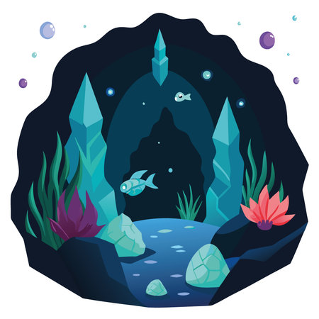 Underwater cave filled with glowing crystals. strange fish. and bioluminescent plants. AI generated. Vector iconのイラスト素材
