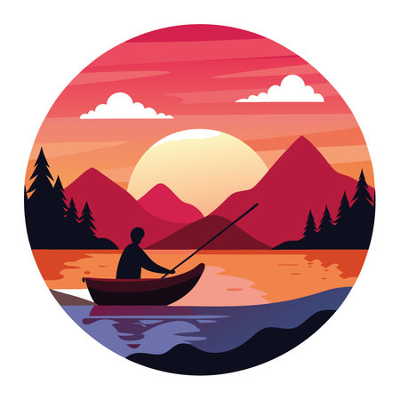Tranquil Lake Fishing Scene at Sunset. Vector Illustration of Fisherman in Boat. AI generated. Vector iconのイラスト素材