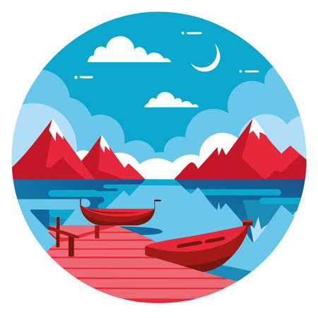Dreamy red boats stand at the pier on a quiet lake with a beautiful view of the mountains. AI generated. Vector iconのイラスト素材
